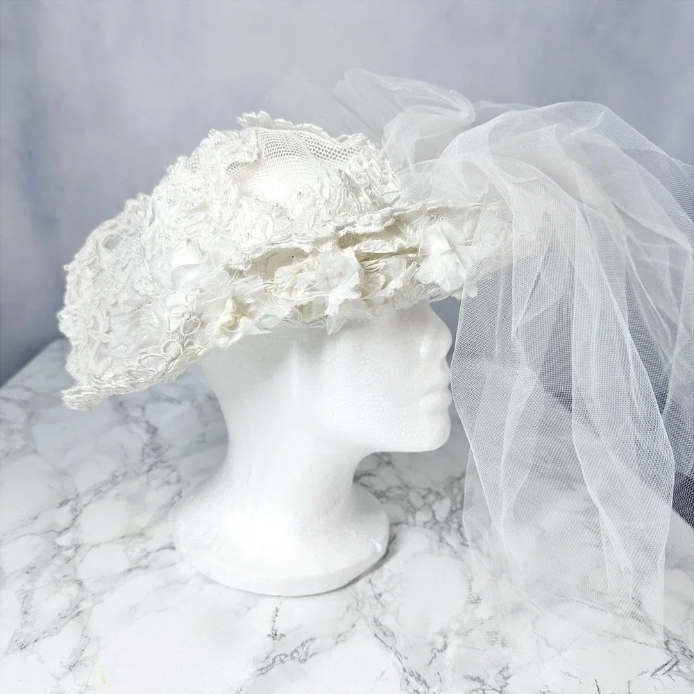 Vintage Handmade Ivory White Lace Floral Pearl Bridal Veil Hat
